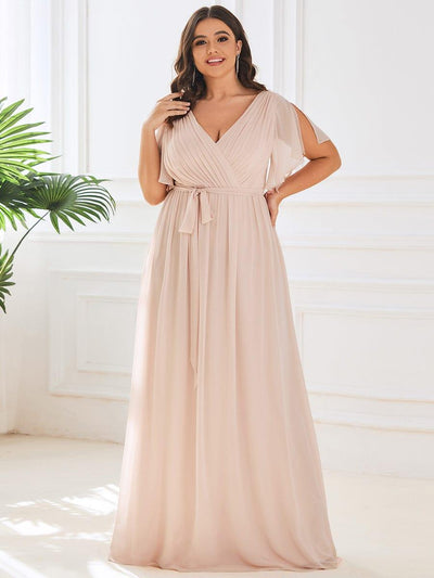 Plus Size Floor-Length Chiffon Evening Dress V-Neck Maxi #color_Blush