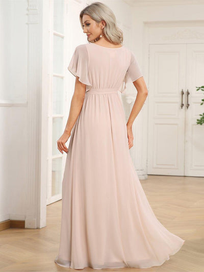V-Neck Flutter Sleeve Floor-Length A-Line Chiffon Evening Dress #color_Blush