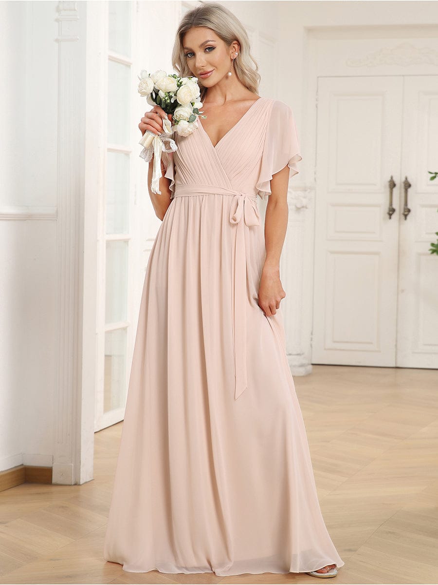 A-Line Pleated Chiffon Tie-Waist Bridesmaid Dress #color_Blush