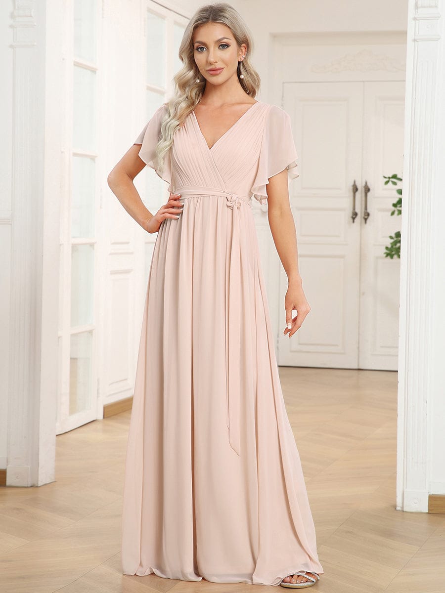 A-Line Pleated Chiffon Tie-Waist Bridesmaid Dress #color_Blush