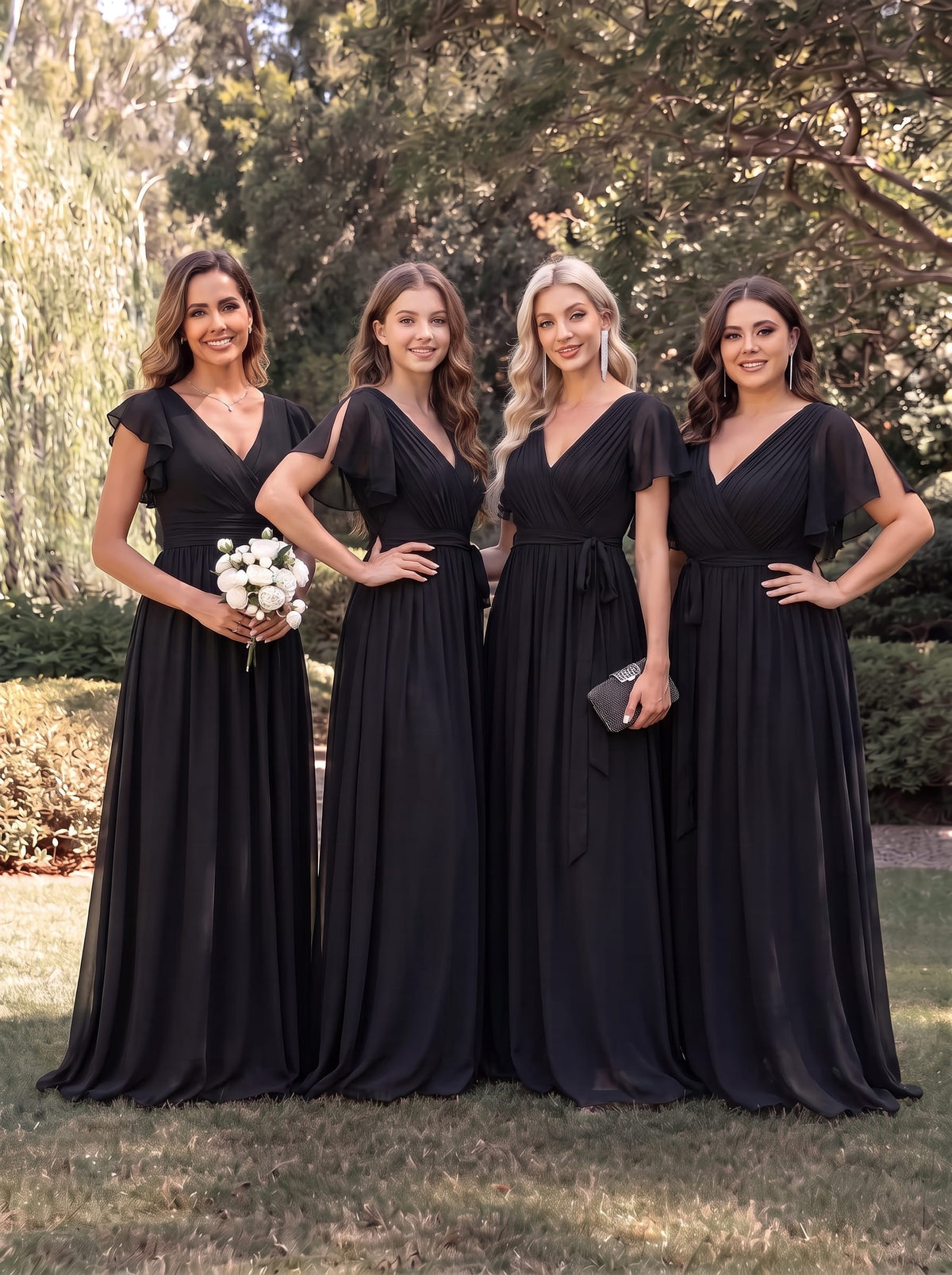 V-Neck Flutter Sleeve Floor-Length A-Line Chiffon Evening Dress #color_Black