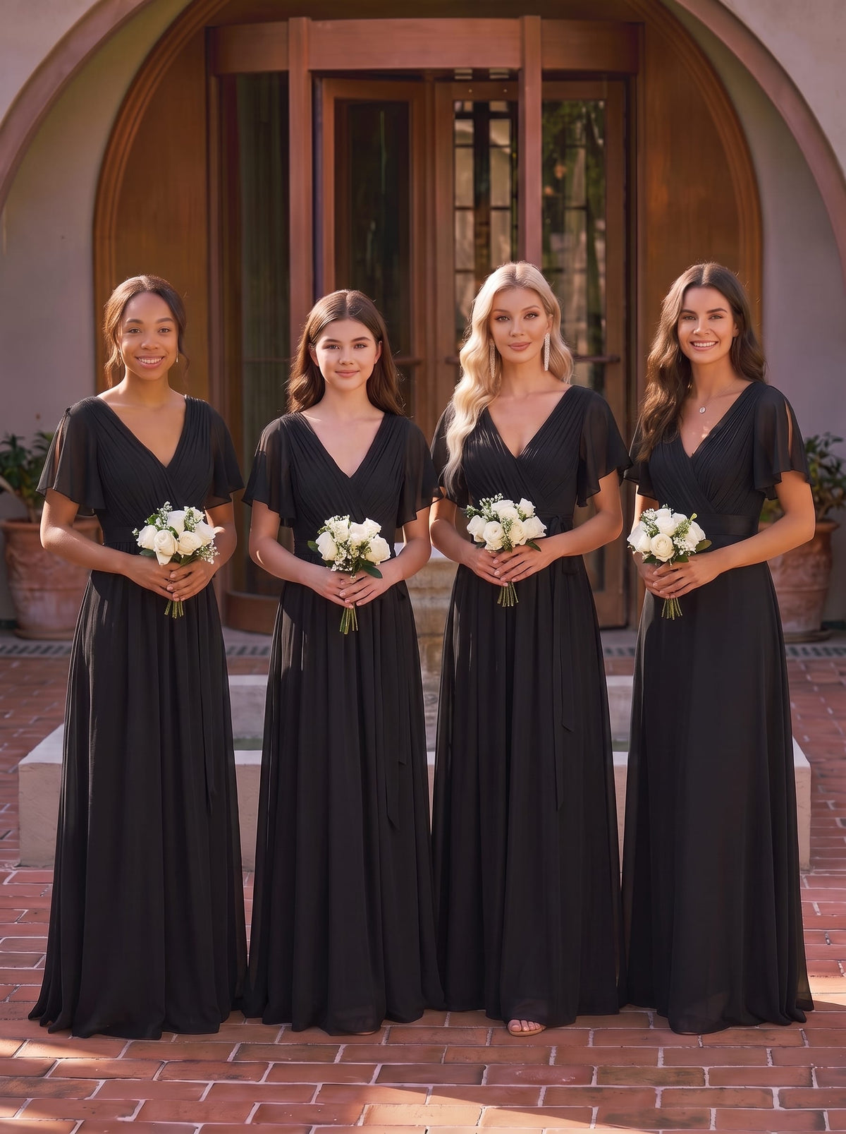 V-Neck Flutter Sleeve Floor-Length A-Line Chiffon Evening Dress #color_Black