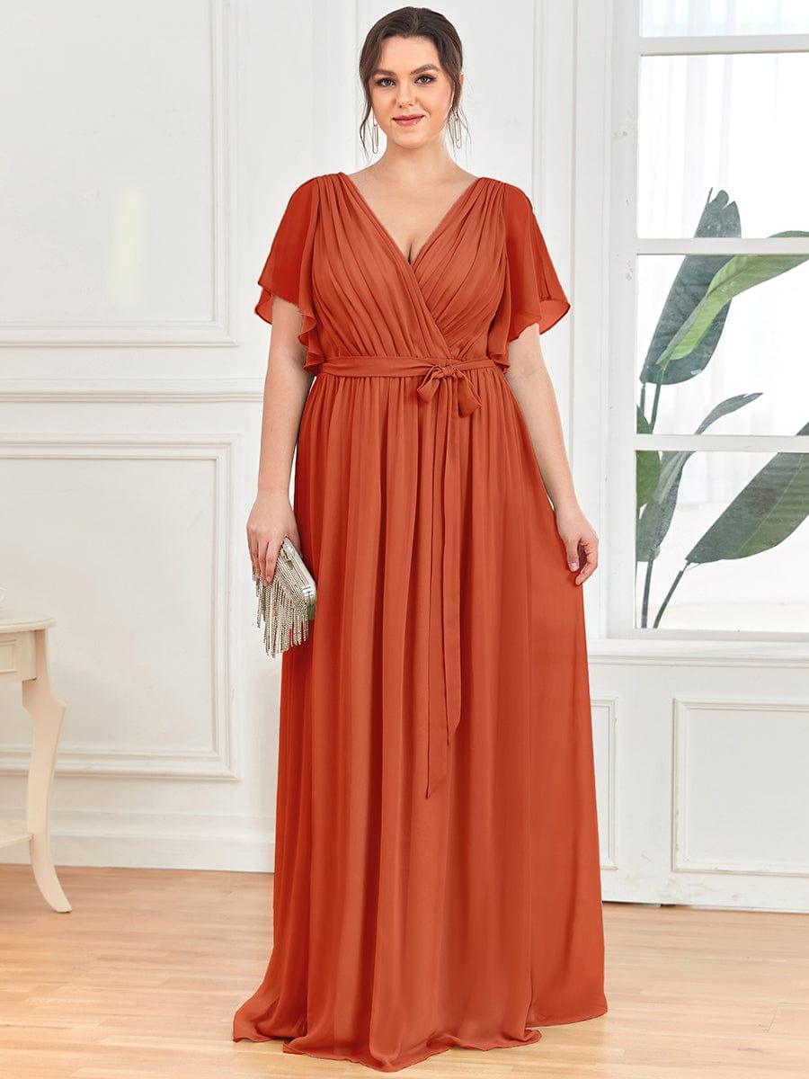 V-Neck Flutter Sleeve Floor-Length A-Line Chiffon Bridesmaid Dress #color_Burnt Orange