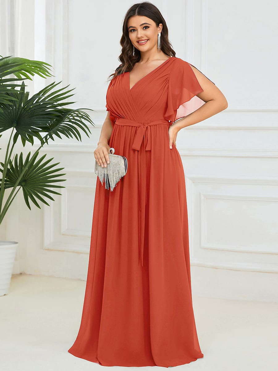 V-Neck Flutter Sleeve Floor-Length A-Line Chiffon Evening Dress #color_Burnt Orange