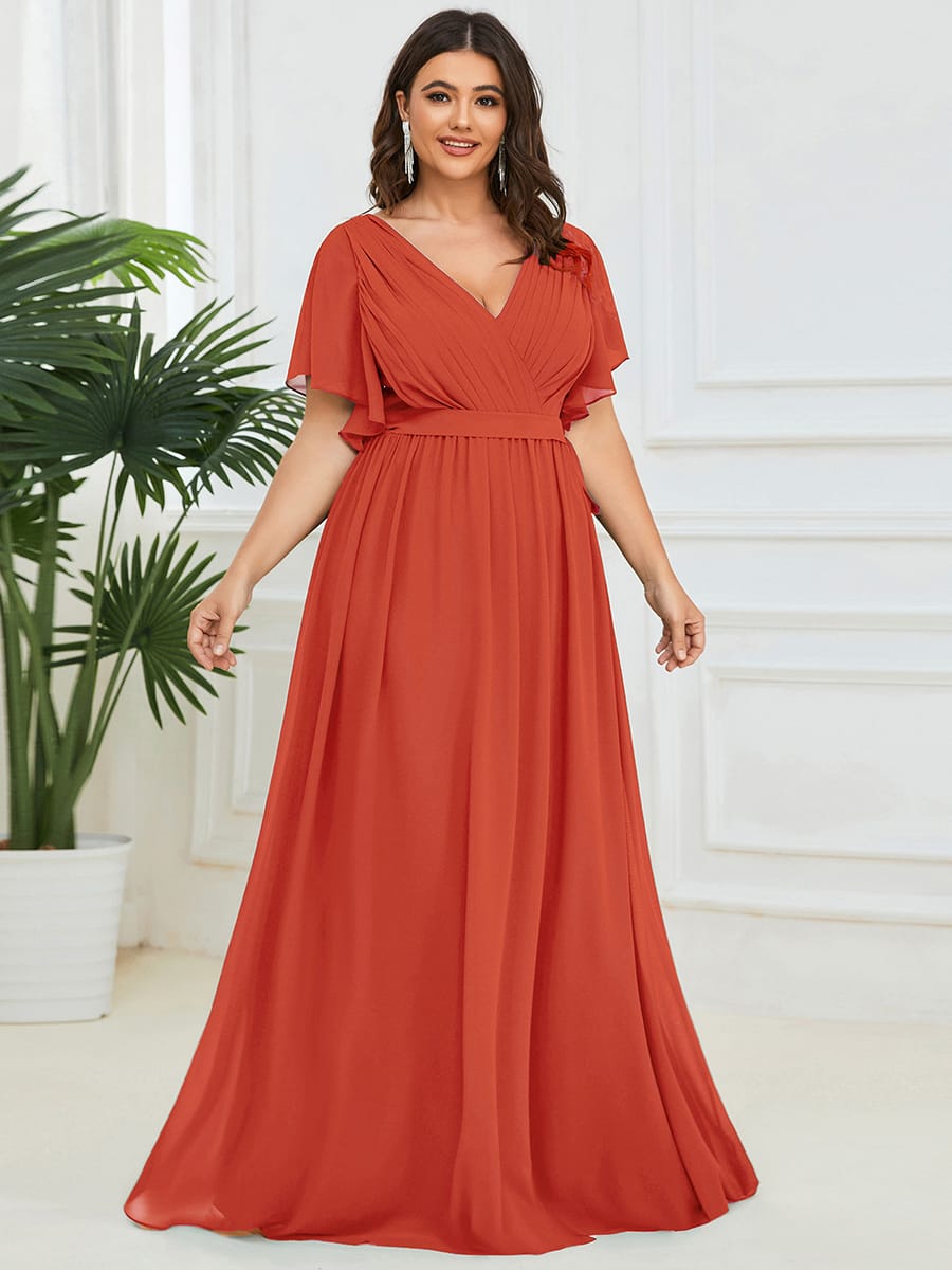 V-Neck Flutter Sleeve Floor-Length A-Line Chiffon Evening Dress #color_Burnt Orange