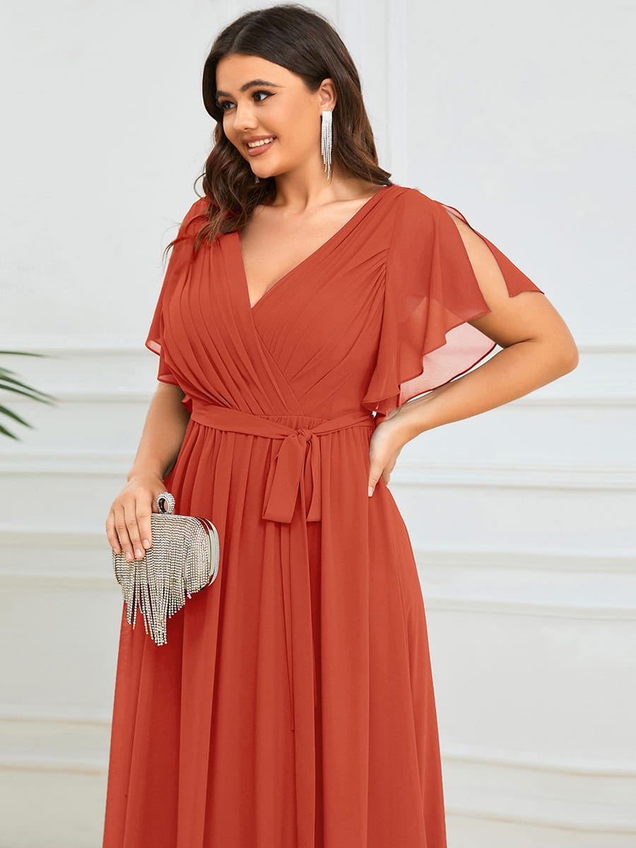 V-Neck Flutter Sleeve Floor-Length A-Line Chiffon Evening Dress #color_Burnt Orange