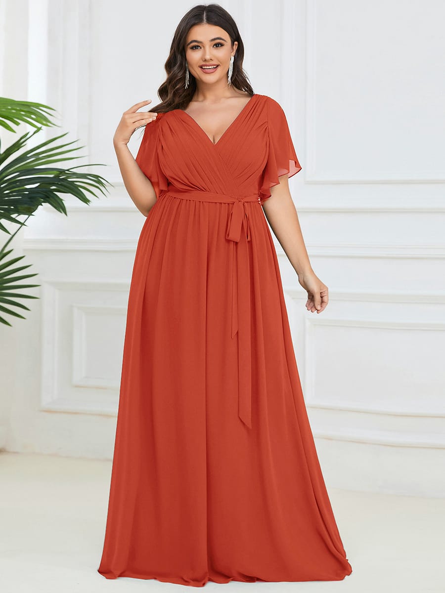 V-Neck Flutter Sleeve Floor-Length A-Line Chiffon Evening Dress #color_Burnt Orange