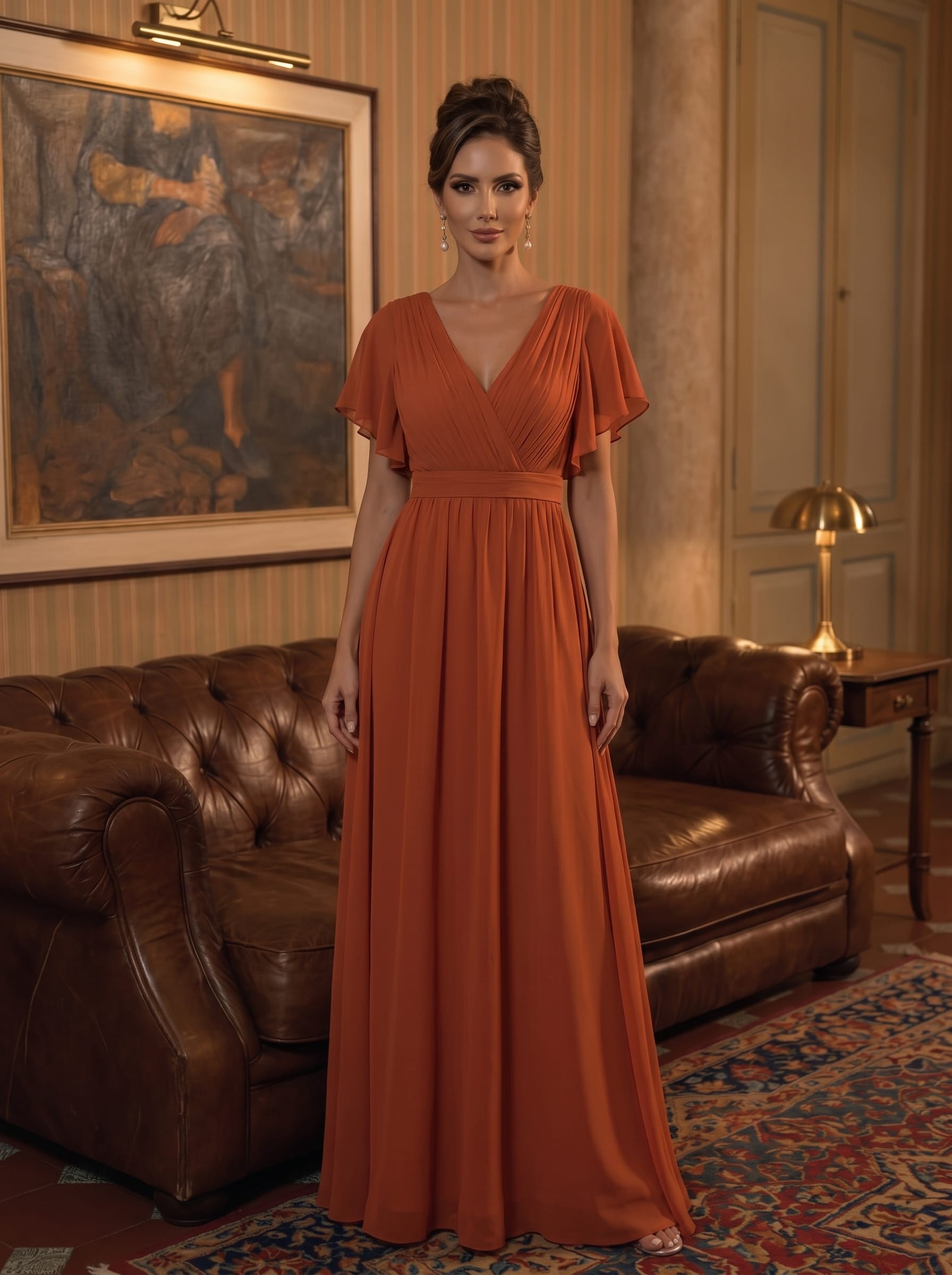 V-Neck Flutter Sleeve Floor-Length A-Line Chiffon Evening Dress #color_Burnt Orange