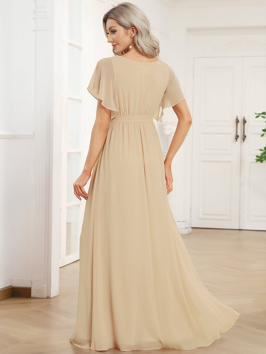 Chiffon Pleated V-Neck Flutter Sleeve Maxi Bridesmaid Dress In Sage Green #color_Champagne