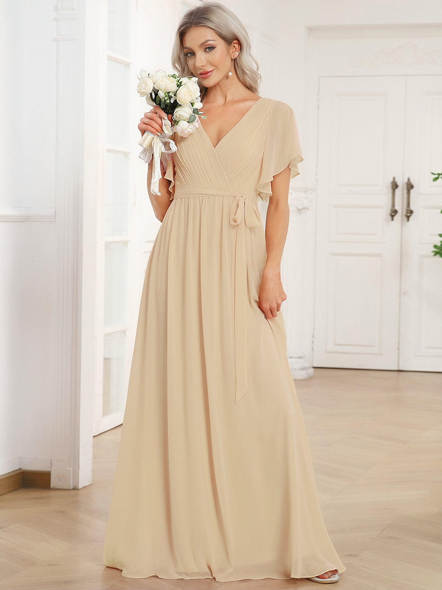 Chiffon Pleated V-Neck Flutter Sleeve Maxi Bridesmaid Dress In Sage Green #color_Champagne