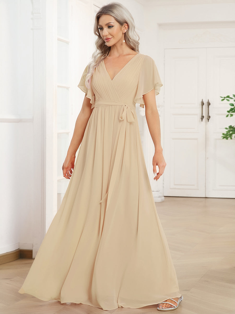 Chiffon Pleated V-Neck Flutter Sleeve Maxi Bridesmaid Dress In Sage Green #color_Champagne