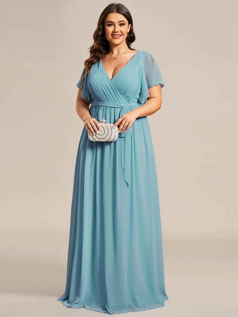 A-Line Pleated Chiffon Tie-Waist Bridesmaid Dress #color_Light Teal
