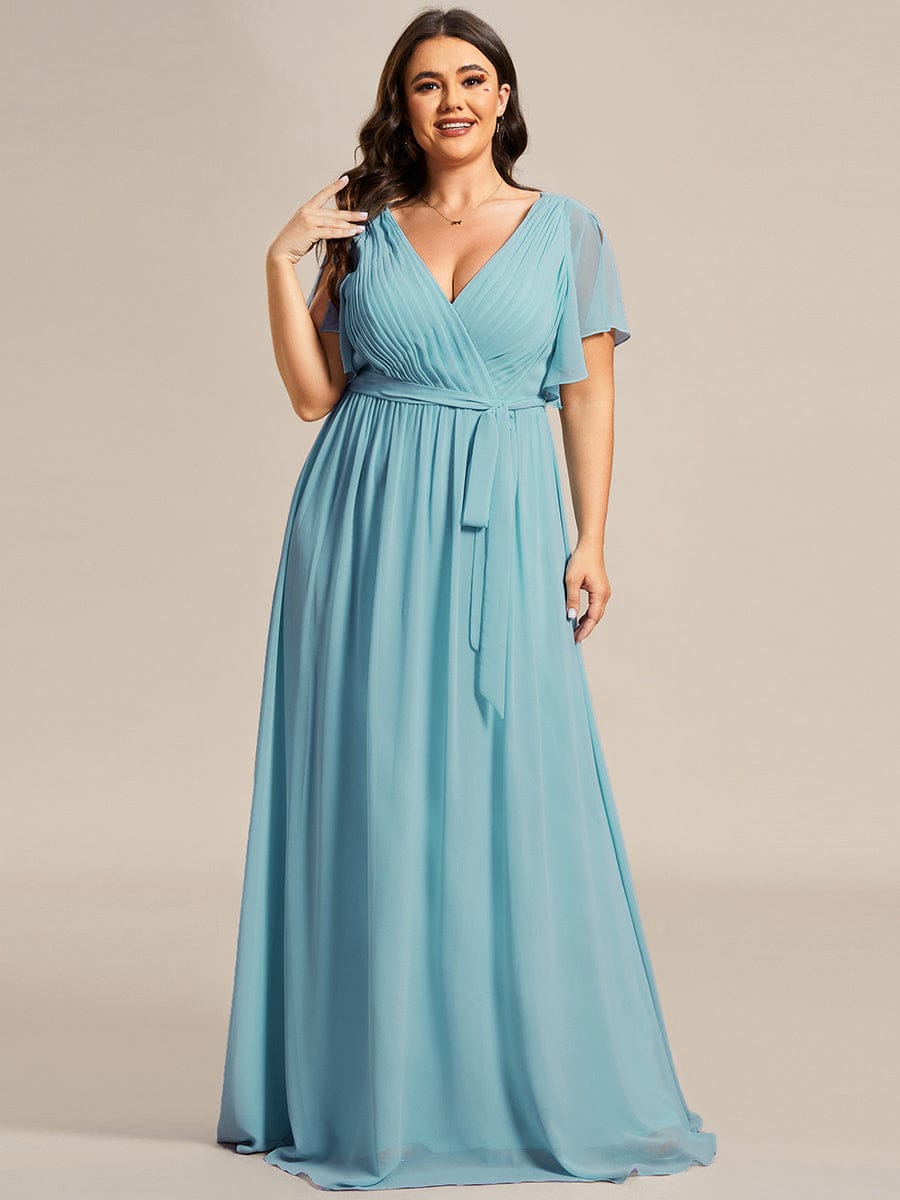 A-Line Pleated Chiffon Tie-Waist Bridesmaid Dress #color_Light Teal