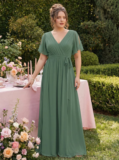 pretty LEORA|Plus Size V-Neck Floor-Length Chiffon Evening Dress