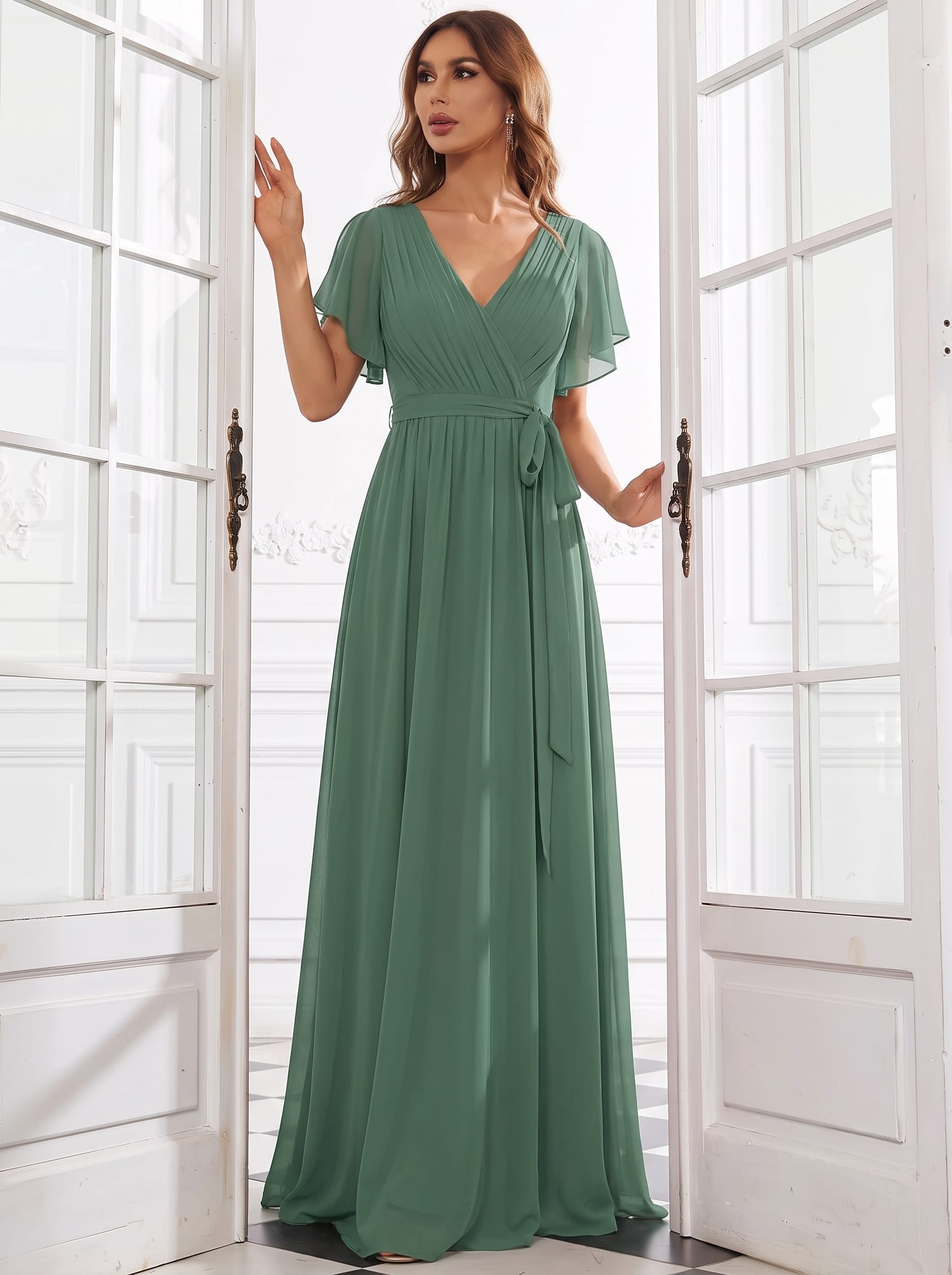 V-Neck Flutter Sleeve Floor-Length A-Line Chiffon Evening Dress #color_Eucalyptus Green