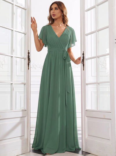 ever LEORA|V-Neck Flutter Sleeve Floor-Length A-Line Chiffon Evening Dress