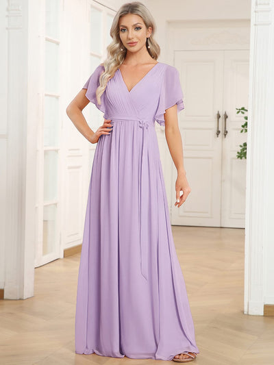 ever LEORA|Chiffon Pleated V-Neck Flutter Sleeve Maxi Bridesmaid Dress