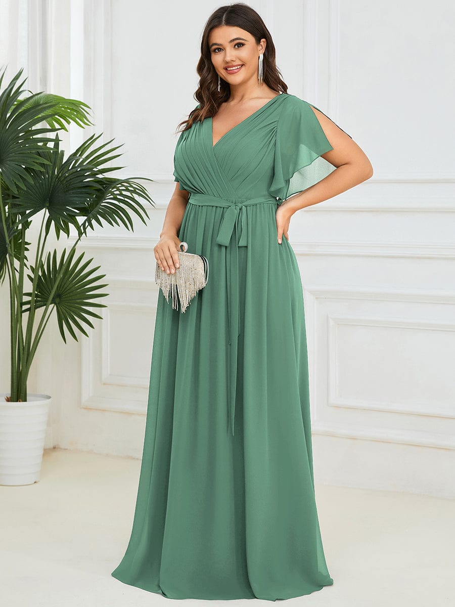 V-Neck Flutter Sleeve Floor-Length A-Line Chiffon Bridesmaid Dress #color_Green Bean