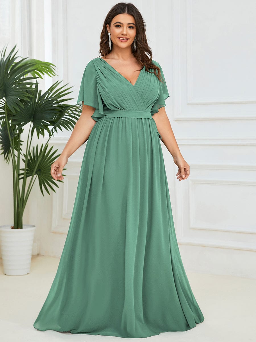 V-Neck Flutter Sleeve Floor-Length A-Line Chiffon Bridesmaid Dress #color_Green Bean