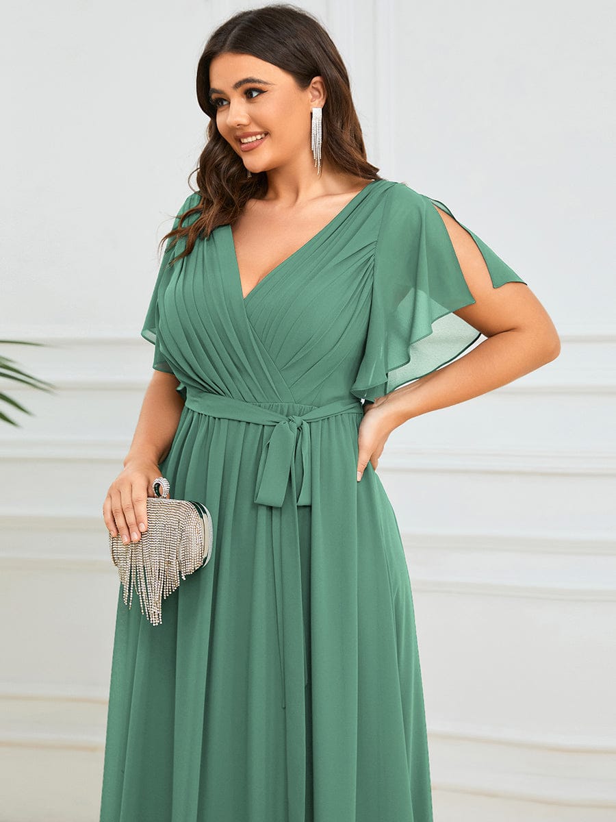 V-Neck Flutter Sleeve Floor-Length A-Line Chiffon Bridesmaid Dress #color_Green Bean