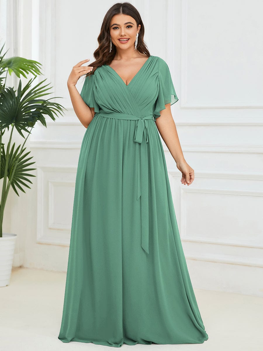 V-Neck Flutter Sleeve Floor-Length A-Line Chiffon Bridesmaid Dress #color_Green Bean