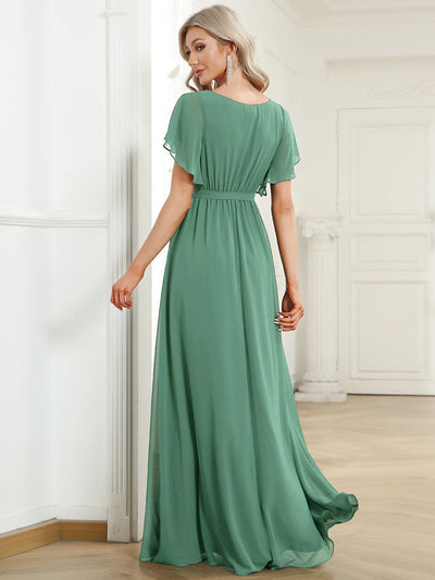 V-Neck Flutter Sleeve Floor-Length A-Line Chiffon Bridesmaid Dress #color_Green Bean
