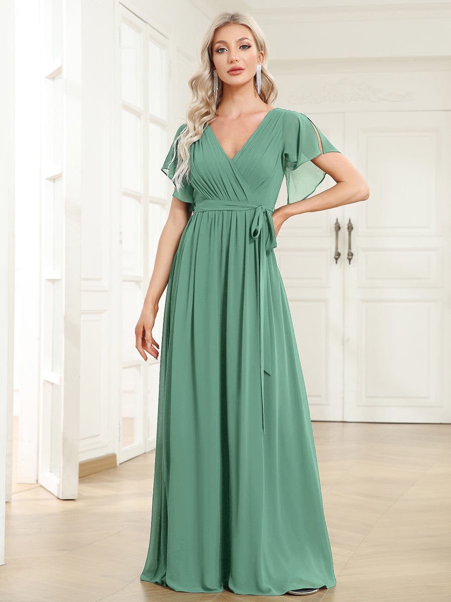 V-Neck Flutter Sleeve Floor-Length A-Line Chiffon Bridesmaid Dress #color_Green Bean