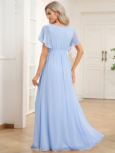 V-Neck Flutter Sleeve Floor-Length A-Line Chiffon Evening Dress #color_Ice Blue