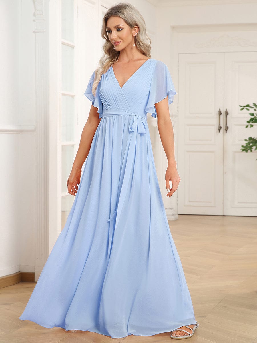 V-Neck Flutter Sleeve Floor-Length A-Line Chiffon Evening Dress #color_Ice Blue