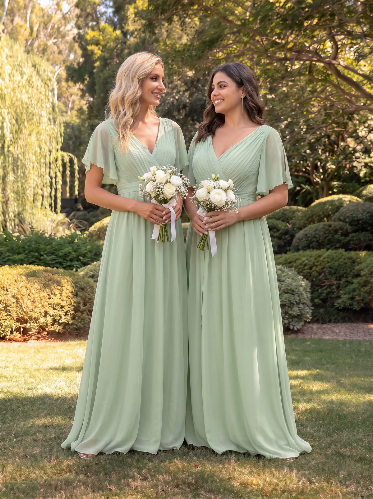Chiffon Pleated V-Neck Flutter Sleeve Maxi Bridesmaid Dress In Sage Green #color_Mint Green
