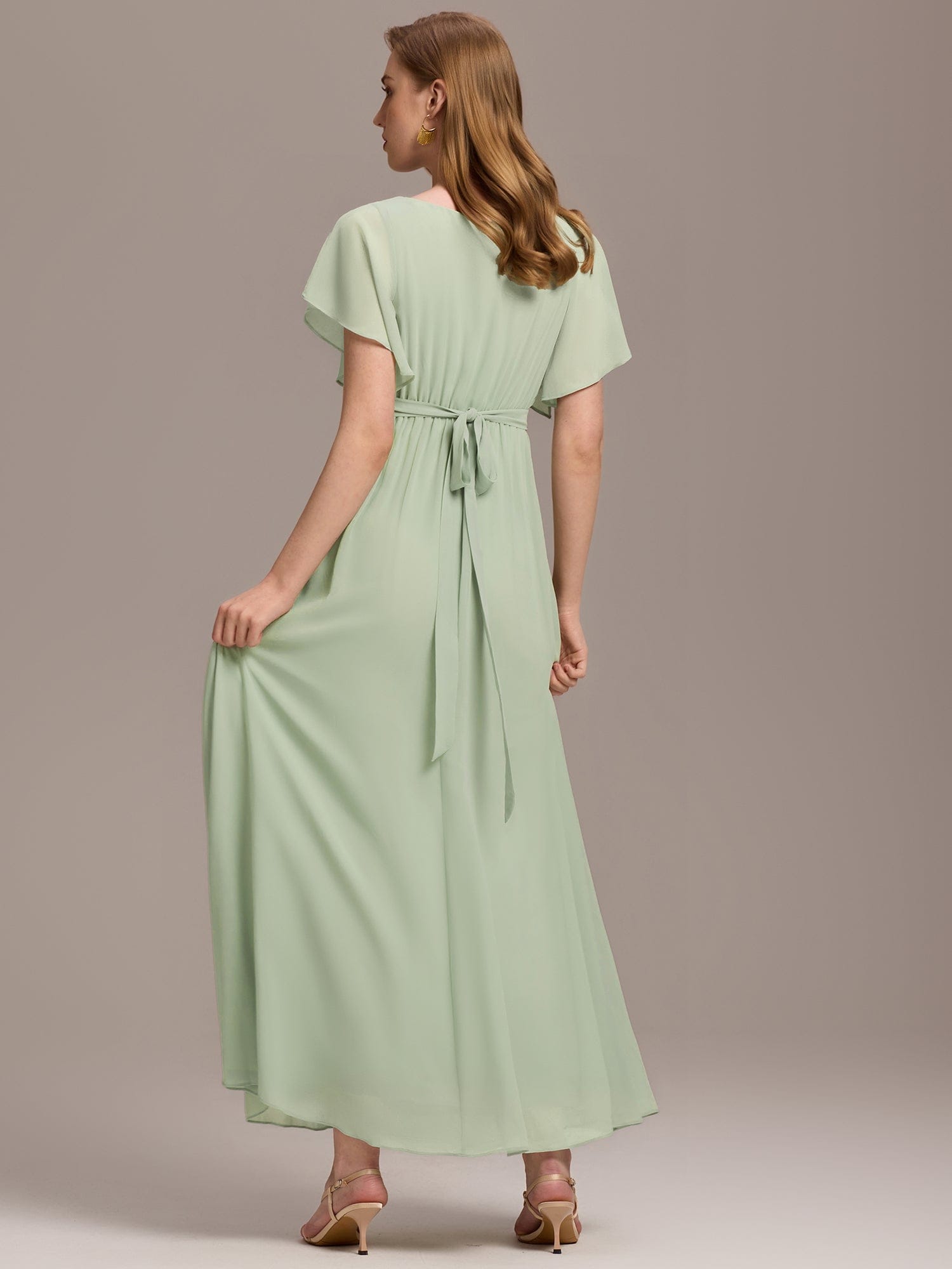 V-Neck Flutter Sleeve Floor-Length A-Line Chiffon Evening Dress #color_Mint Green