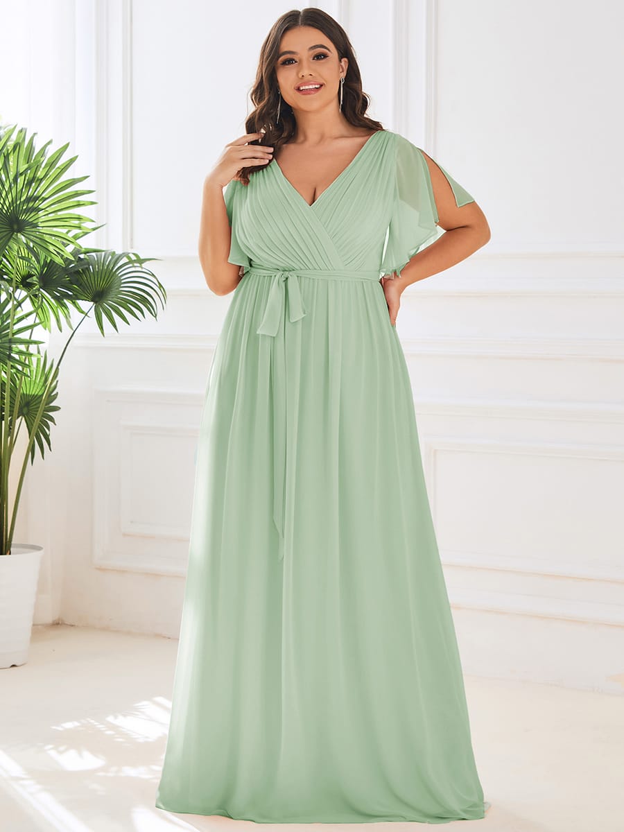 V-Neck Flutter Sleeve Floor-Length A-Line Chiffon Evening Dress #color_Mint Green