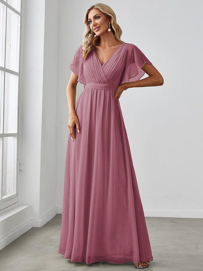 ever LEORA|Custom Size V-Neck Flutter Sleeve Floor-Length A-Line Chiffon Evening Dress