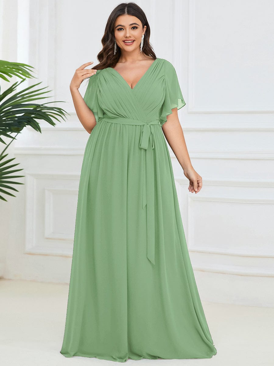 V-Neck Flutter Sleeve Floor-Length A-Line Chiffon Evening Dress #color_Sage Green