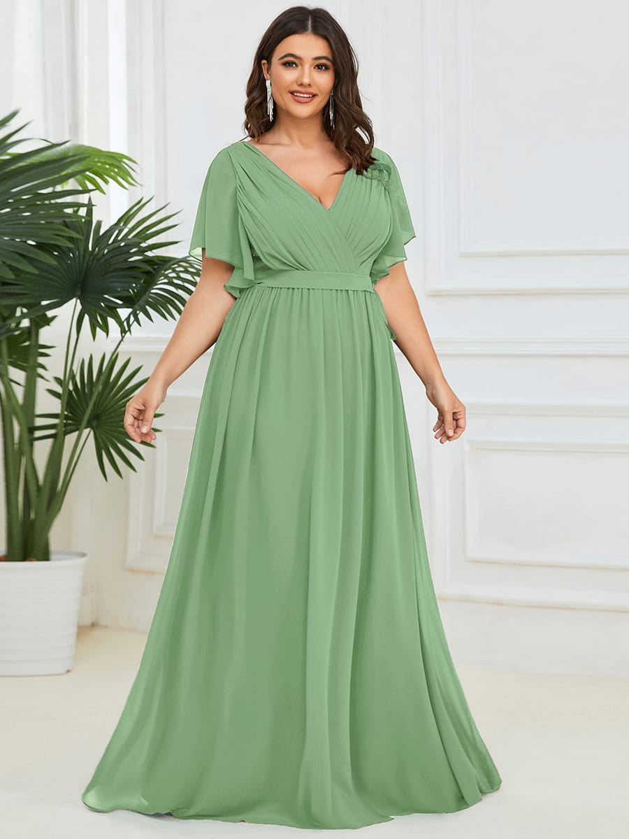 V-Neck Flutter Sleeve Floor-Length A-Line Chiffon Evening Dress #color_Sage Green