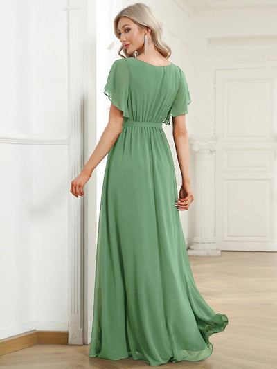 V-Neck Flutter Sleeve Floor-Length A-Line Chiffon Evening Dress #color_Sage Green