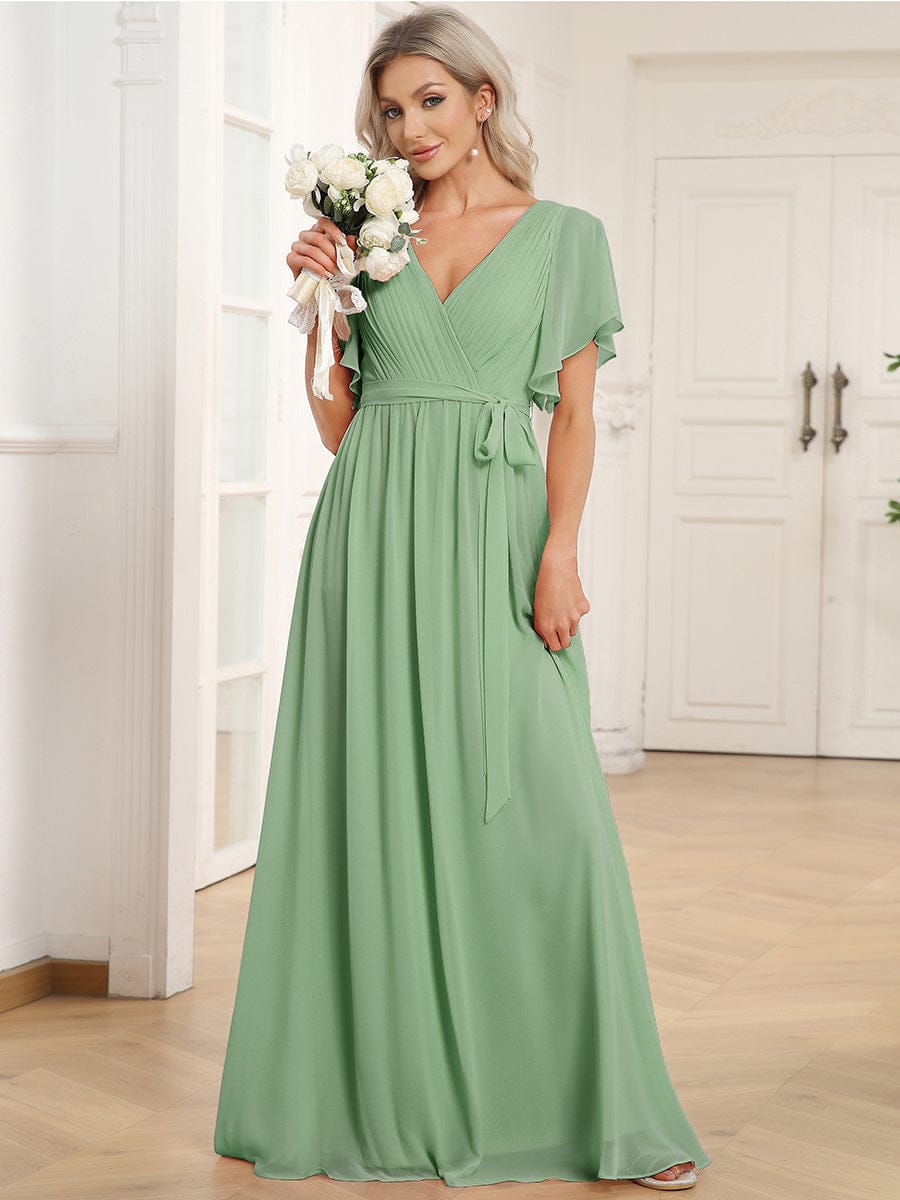 V-Neck Flutter Sleeve Floor-Length A-Line Chiffon Evening Dress #color_Sage Green