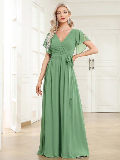 V-Neck Flutter Sleeve Floor-Length A-Line Chiffon Evening Dress #color_Sage Green