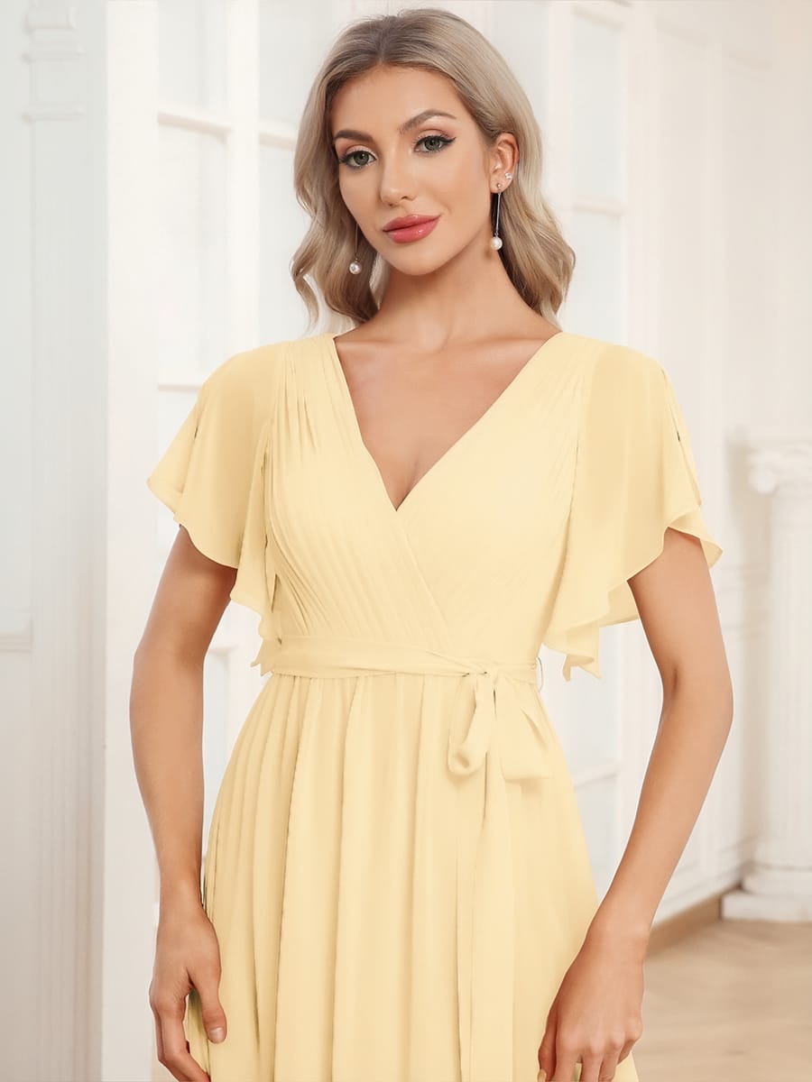 V-Neck Flutter Sleeve Floor-Length A-Line Chiffon Evening Dress #color_Yellow
