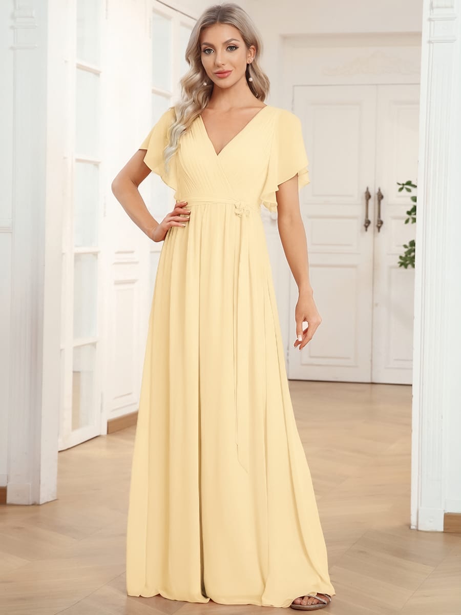 V-Neck Flutter Sleeve Floor-Length A-Line Chiffon Evening Dress #color_Yellow