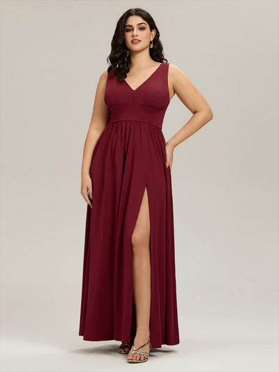 pretty SORAYA|Plus Size Sexy High Slit Sleeveless Empire Waist V-Neck Evening Dress