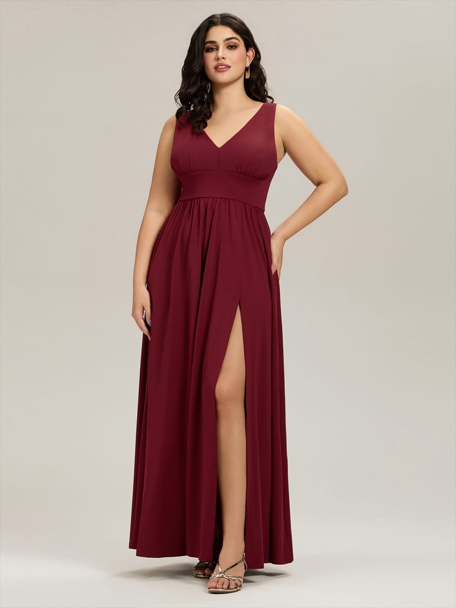 Plus Size Chiffon Lace Print Sleeveless Empire Waist V-Neck Evening Dress #color_Burgundy