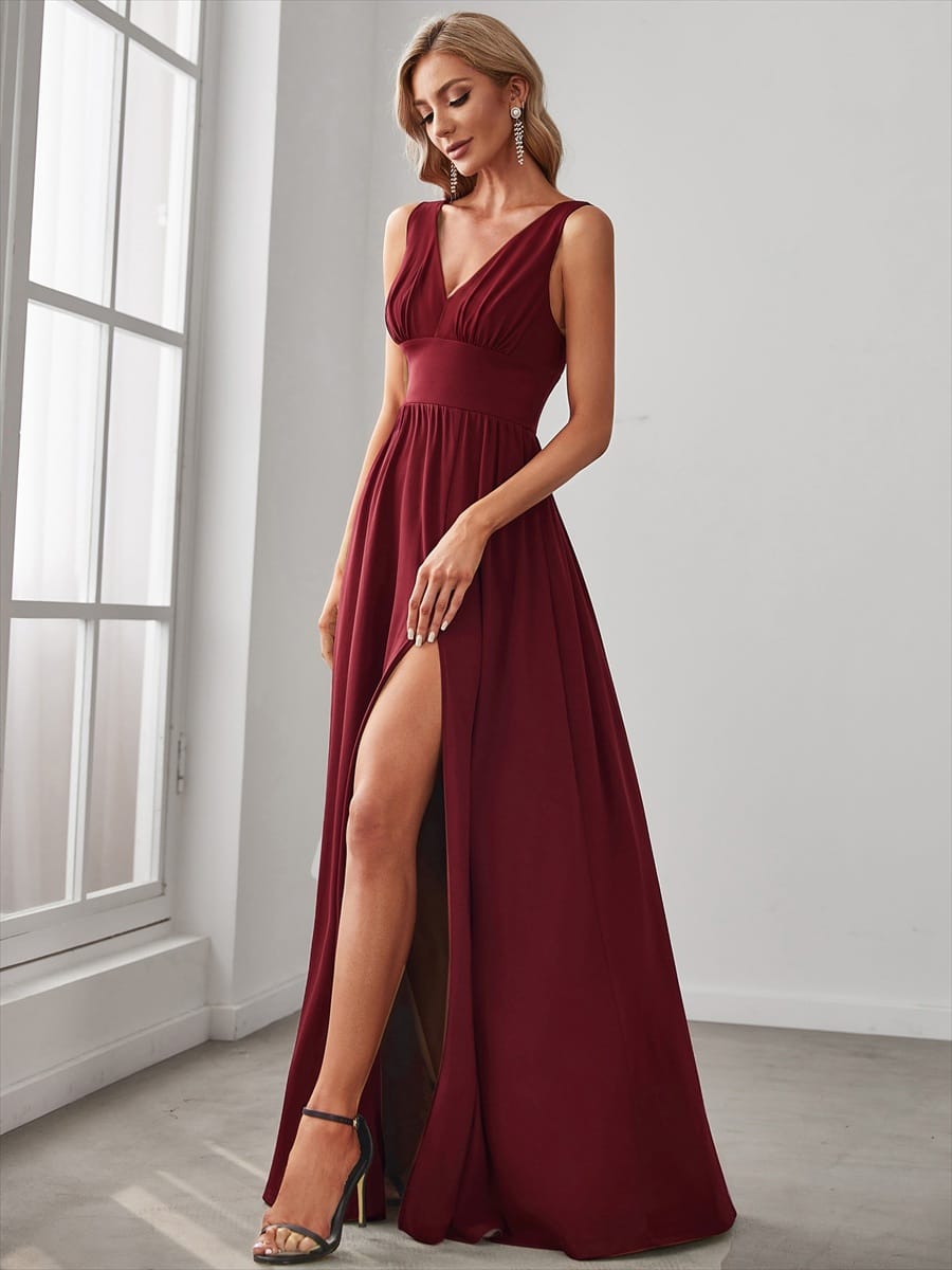 V-Neck High Slit Empire Waist Floor-Length Evening Dress #color_Burgundy