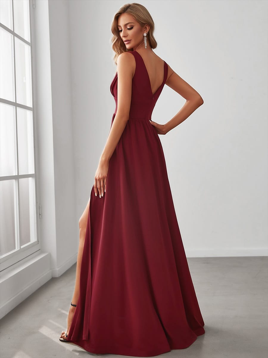 V-Neck High Slit Empire Waist Floor-Length Evening Dress #color_Burgundy