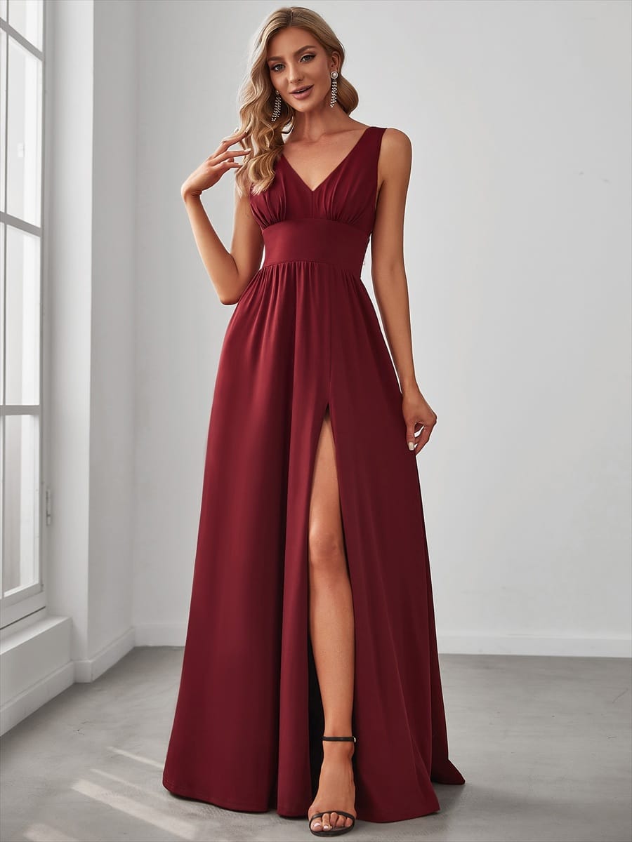 V-Neck High Slit Empire Waist Floor-Length Evening Dress #color_Burgundy