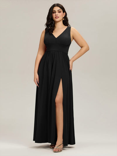 pretty SORAYA|Plus Size Sexy High Slit Sleeveless Empire Waist V-Neck Evening Dress
