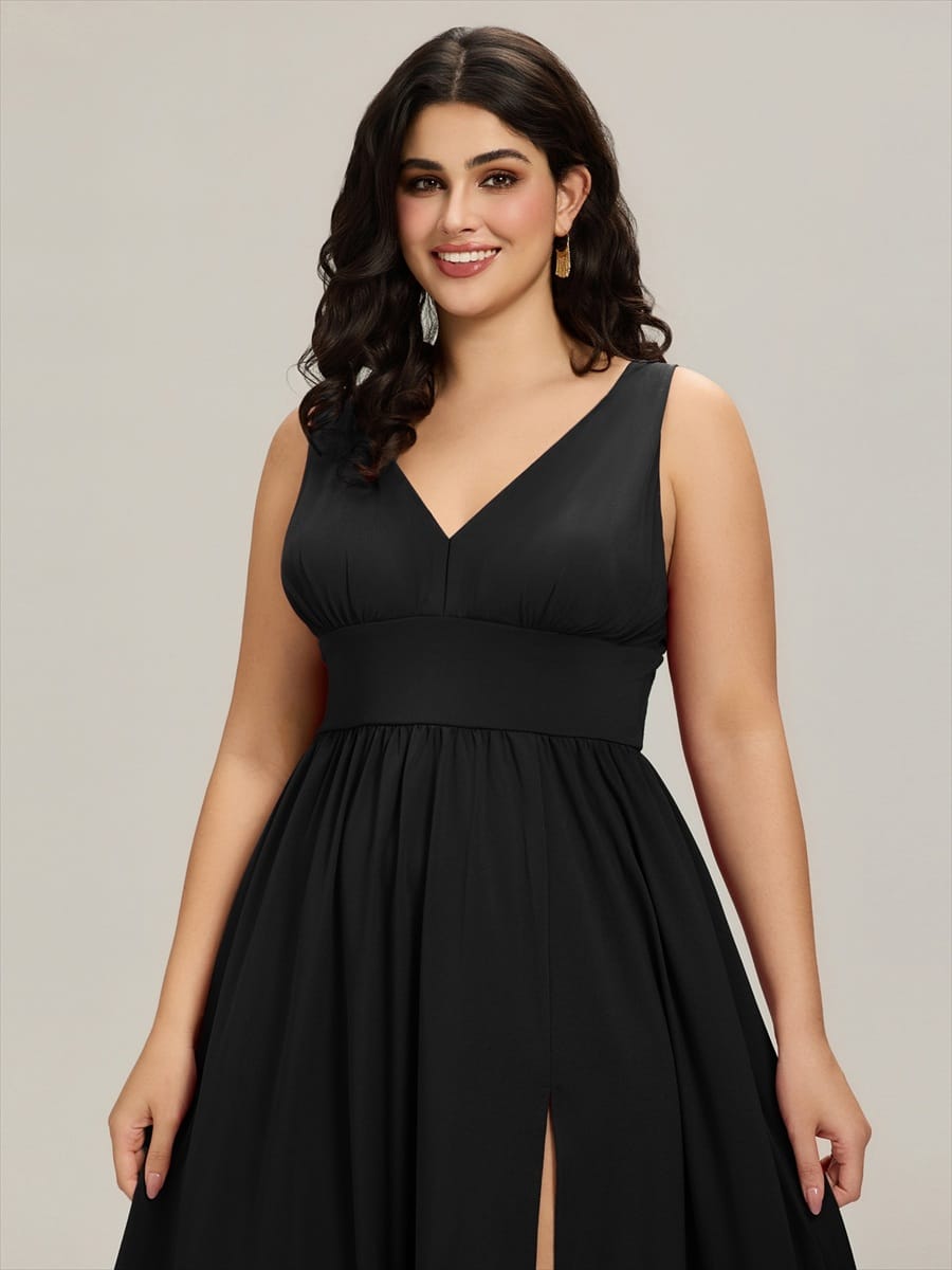 Plus Size Chiffon Lace Print Sleeveless Empire Waist V-Neck Evening Dress #color_Black