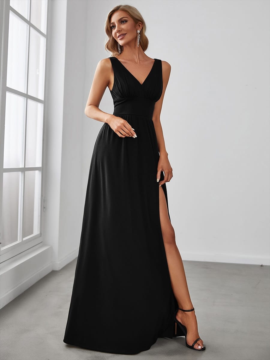 V-Neck High Slit Empire Waist Floor-Length Evening Dress #color_Black