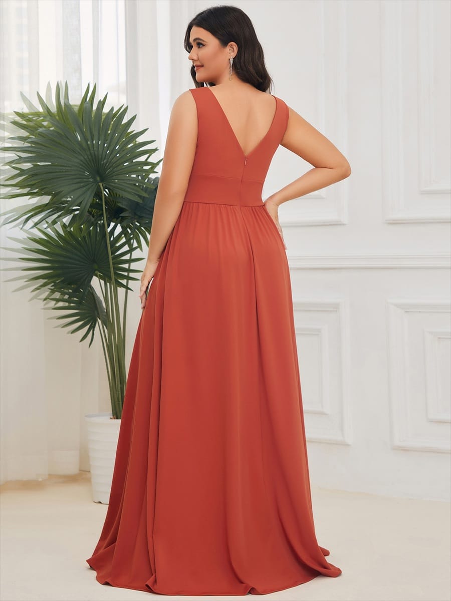 Plus Size Chiffon Lace Print Sleeveless Empire Waist V-Neck Evening Dress #color_Burnt Orange