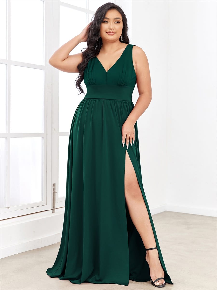 V-Neck High Slit Empire Waist Floor-Length Evening Dress #color_Dark Green